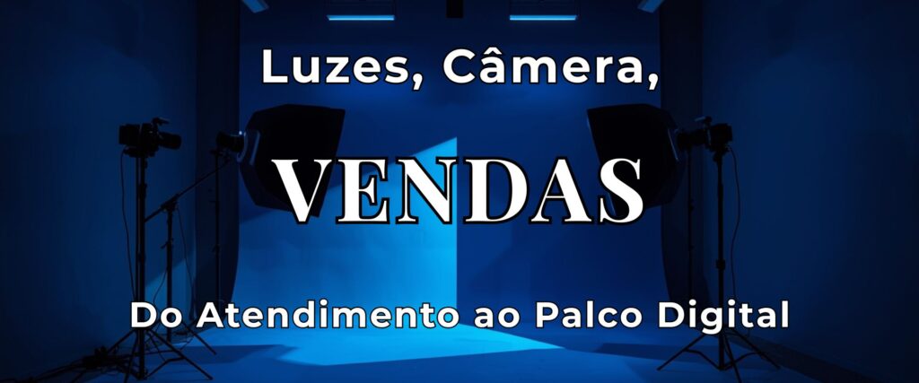 Set de gravação com câmeras e iluminação profissional representando comunicação em vendas e produção de vídeo para vendas no ambiente digital