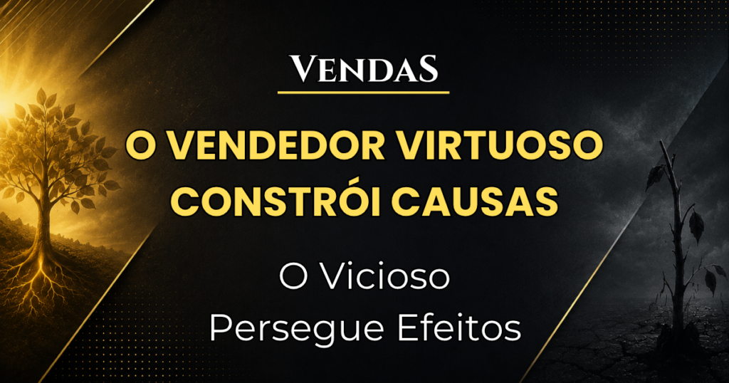Ilustração sobre palestra de vendas causa e efeito mostrando contraste entre construção de resultados consistentes e busca por efeitos imediatos