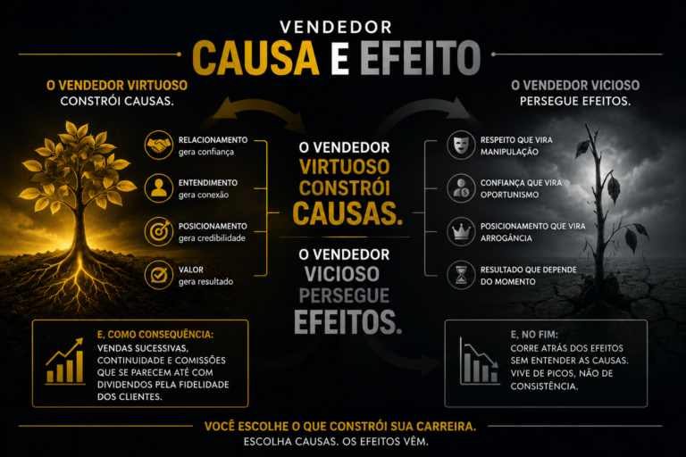 Imagem conceitual sobre palestra de vendas e o princípio de causa e efeito: a diferença entre vendedores que constroem resultados consistentes e aqueles que apenas perseguem vendas.